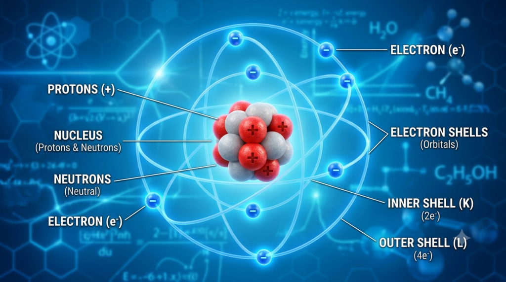 3D atom structure showing protons, neutrons and electrons