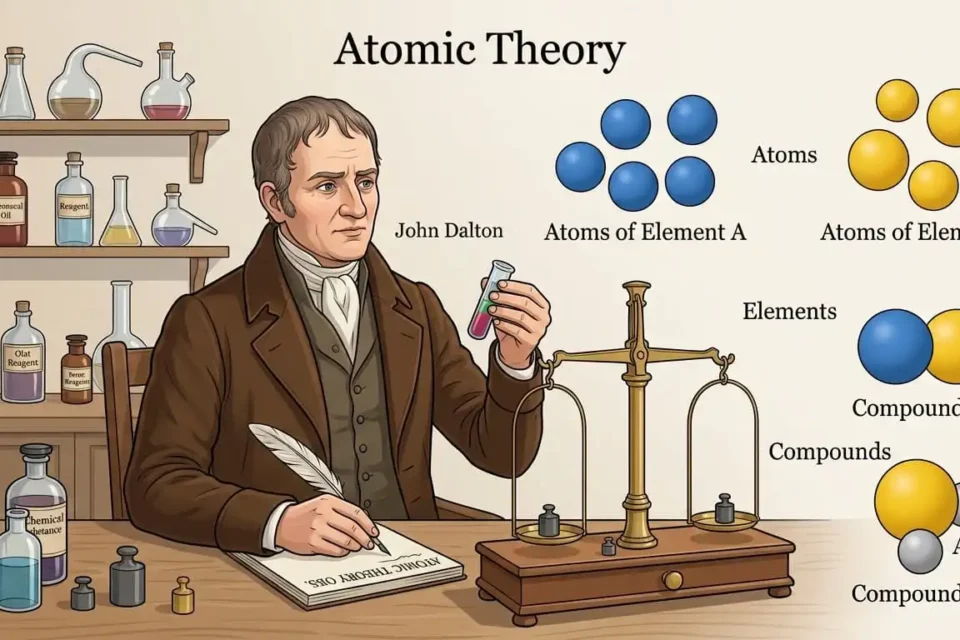 John Dalton explaining atomic theory with atom models and a laboratory balance