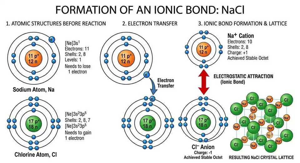 Ionic bonding showing electron transfer, valency, and attraction between oppositely charged ions