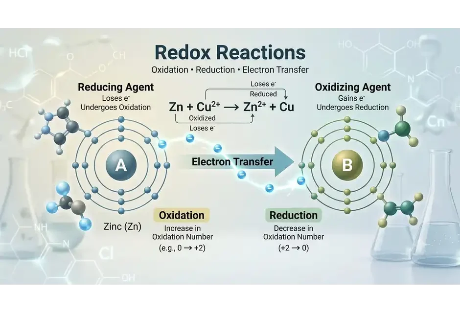 Redox reactions showing oxidation and reduction through electron transfer